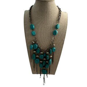 Statement Necklace Faux Turquoise Beads Silver Tone Chain Fringe Chunky Bib